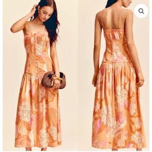 NWT Farm Rio x Anthropologie Linen Blend Strapless Drop Waist Maxi Dress